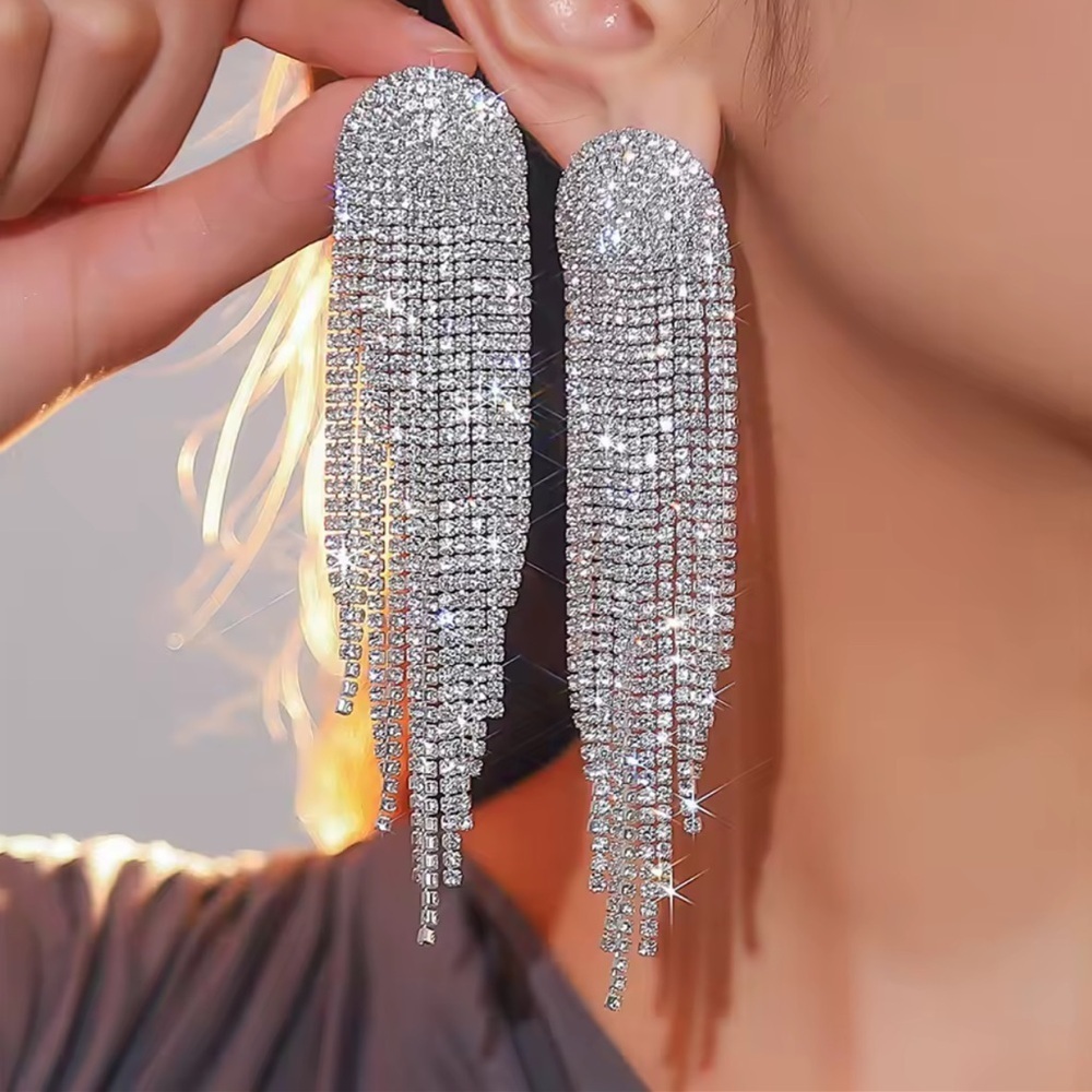 Wedding Diamond Crystal Silver Dangle Earrings - Picture 1 of 3